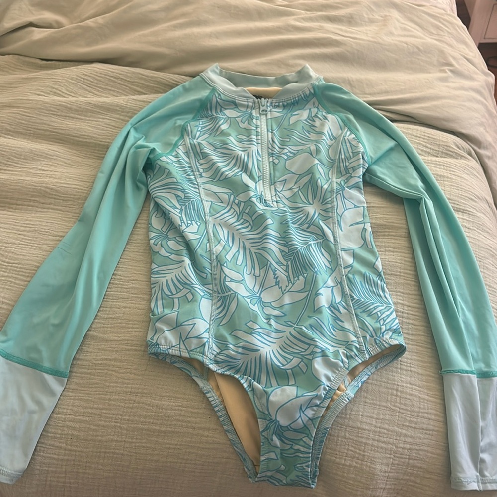 Turquoise, palm tree design, long sleeve, half zip, lands end bathing suit